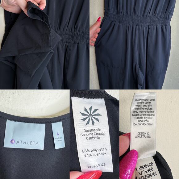 Athleta Roaming Black Sleeveless Smocked Scoop Back Slim Straight Leg Jumpsuit 6 - Picture 12 of 14